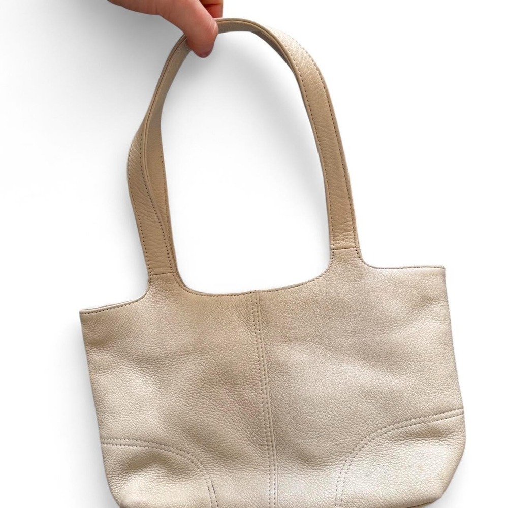 Vintage Cream Leather Shoulder Bag Purse Tan Pebbled Leather Zip Top